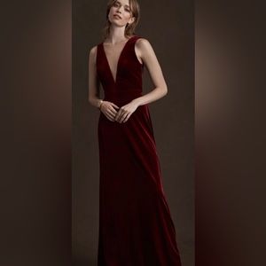 Anthropologie Jenny Yoo Deep V Burgundy Velvet Column Gown